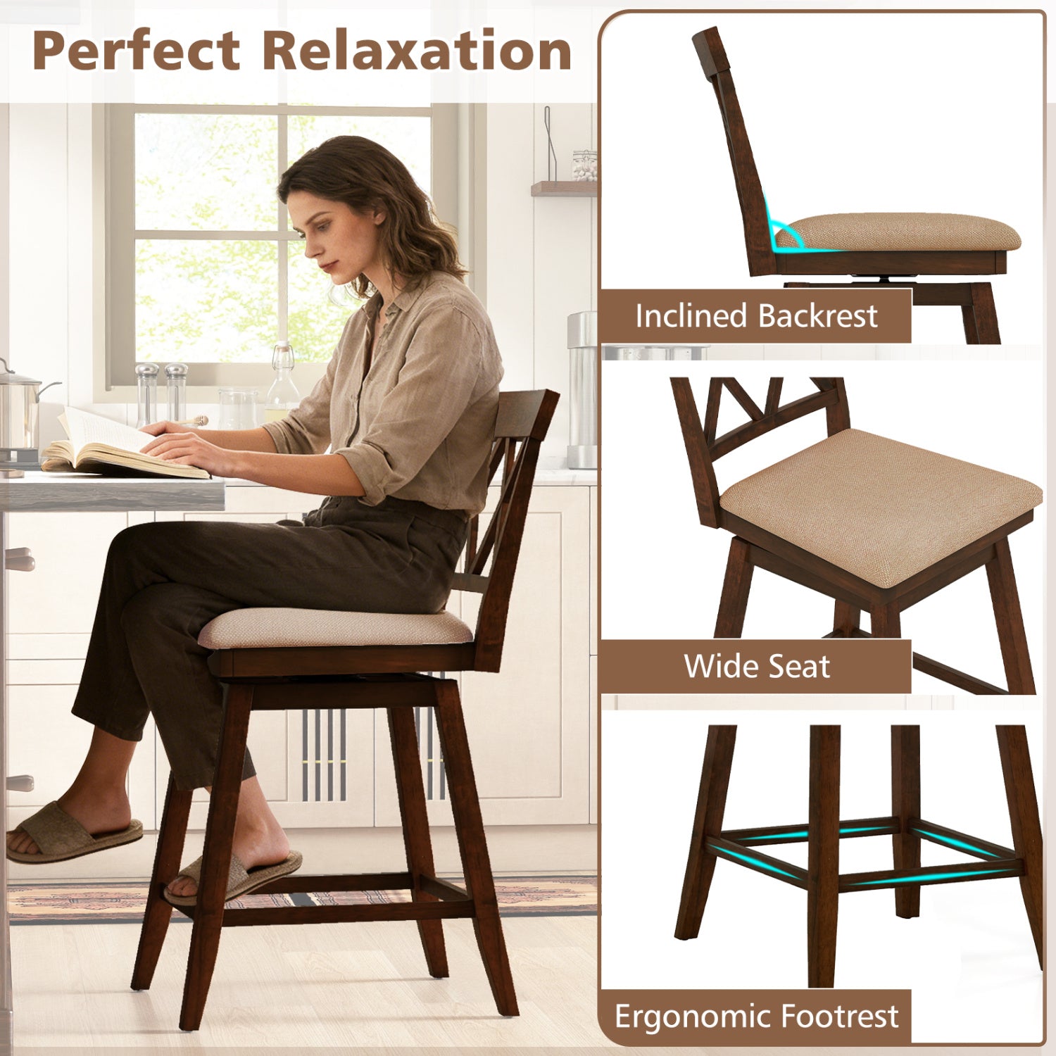 24 Inch Counter Height Barstools Set of 4 with Backrest and Upholstered Seat Cushion-24 Inch