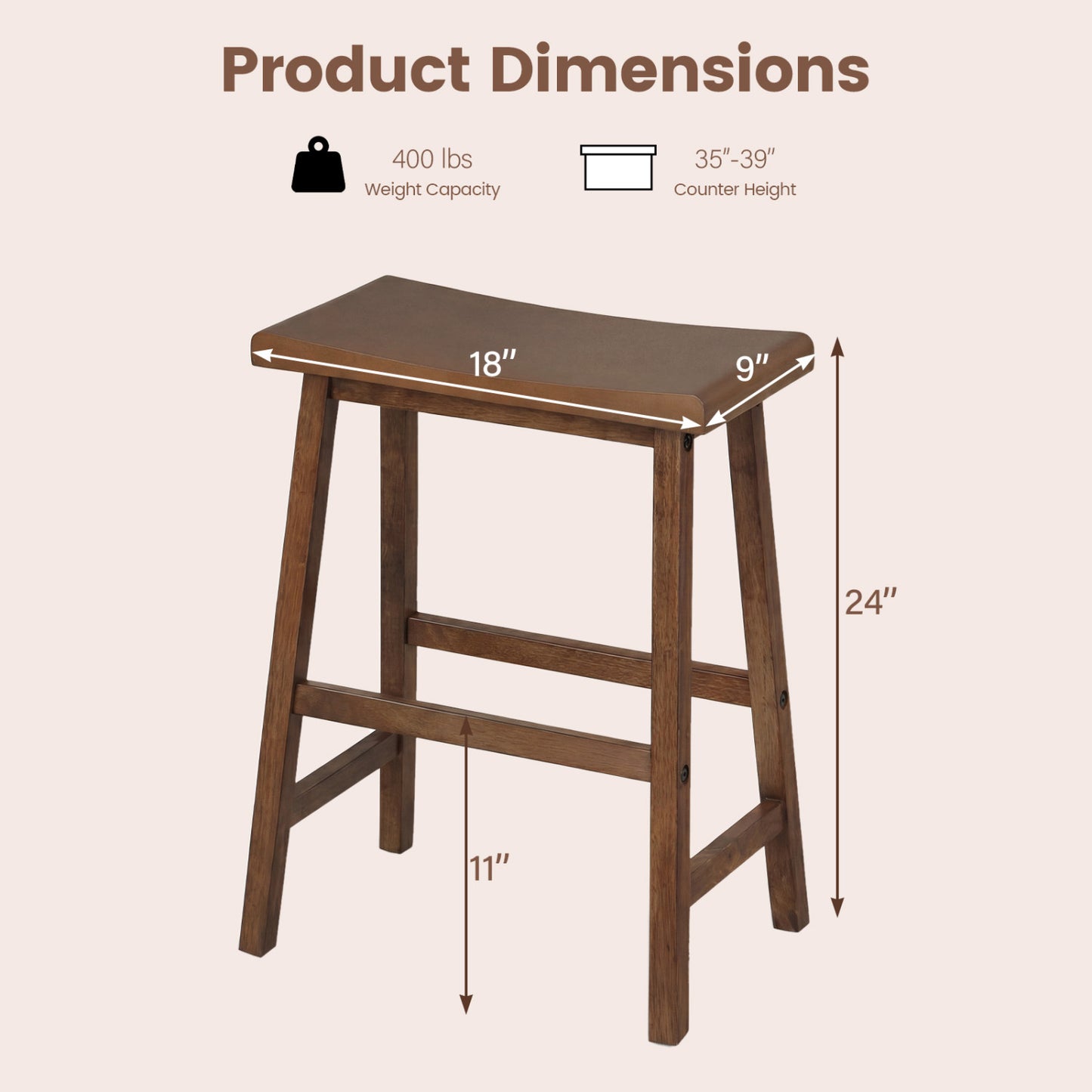 24 Inch Counter Height Stools Solid Wood Saddle Bar Stools Set of 2
