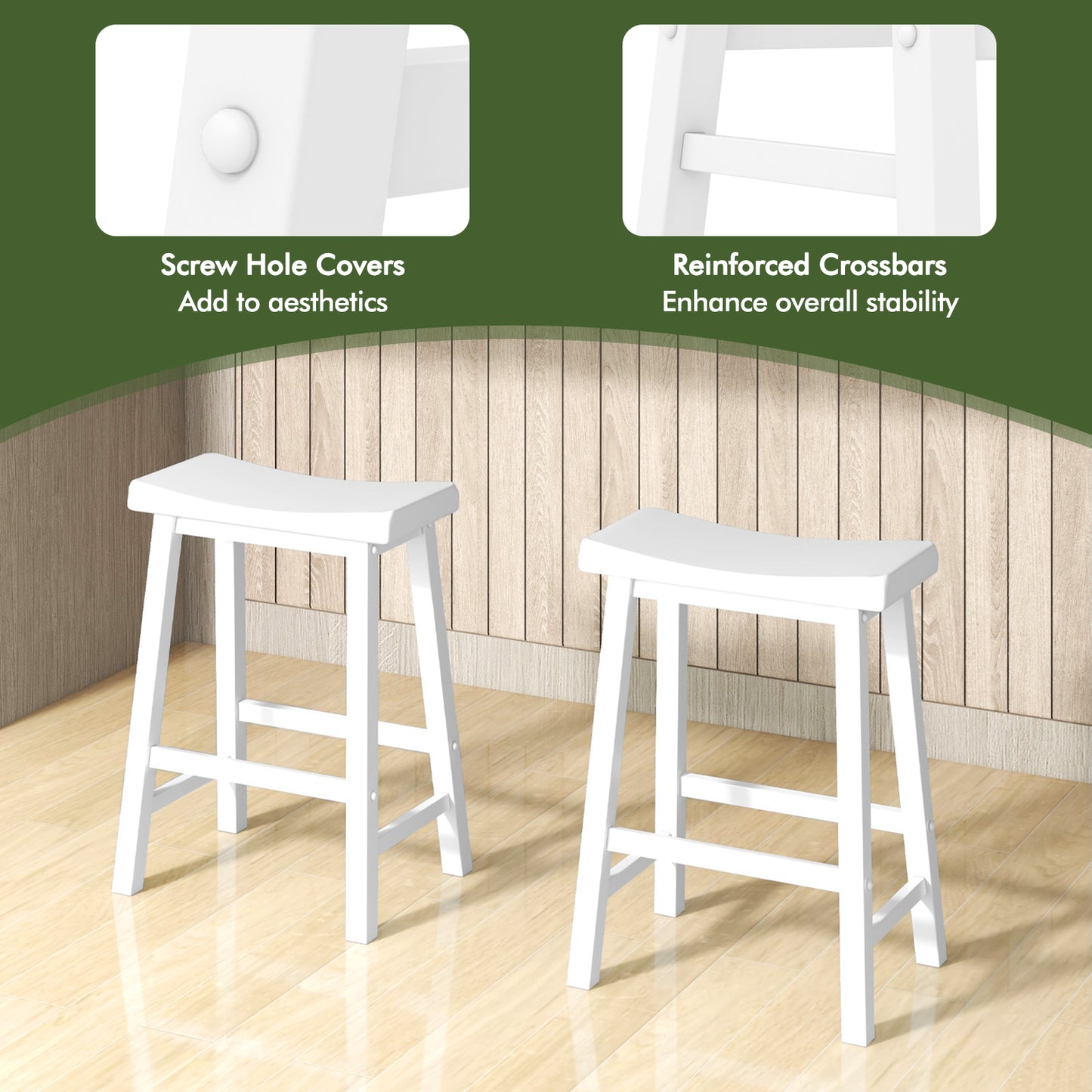 Set of 2 24 Inch Counter Height Stools with Solid Wood Legs-White