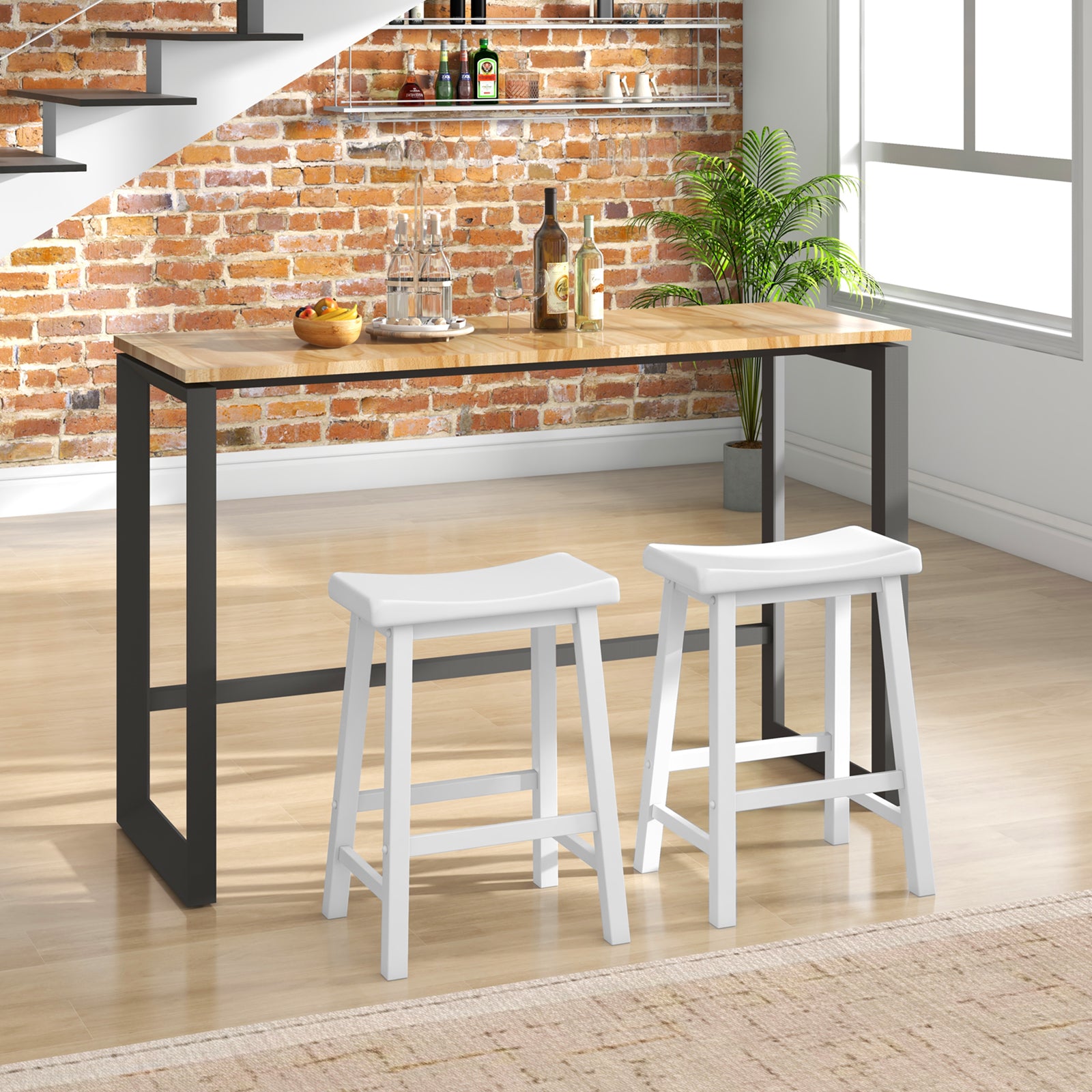Set of 2 24 Inch Counter Height Stools with Solid Wood Legs-White
