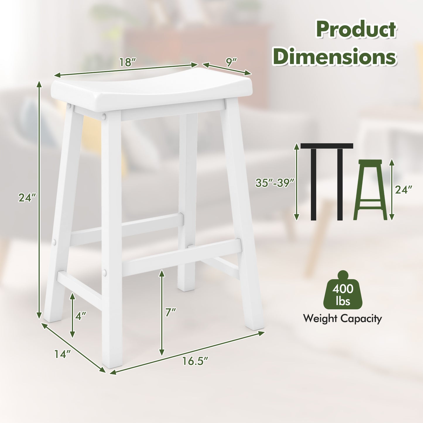 Set of 2 24 Inch Counter Height Stools with Solid Wood Legs-White