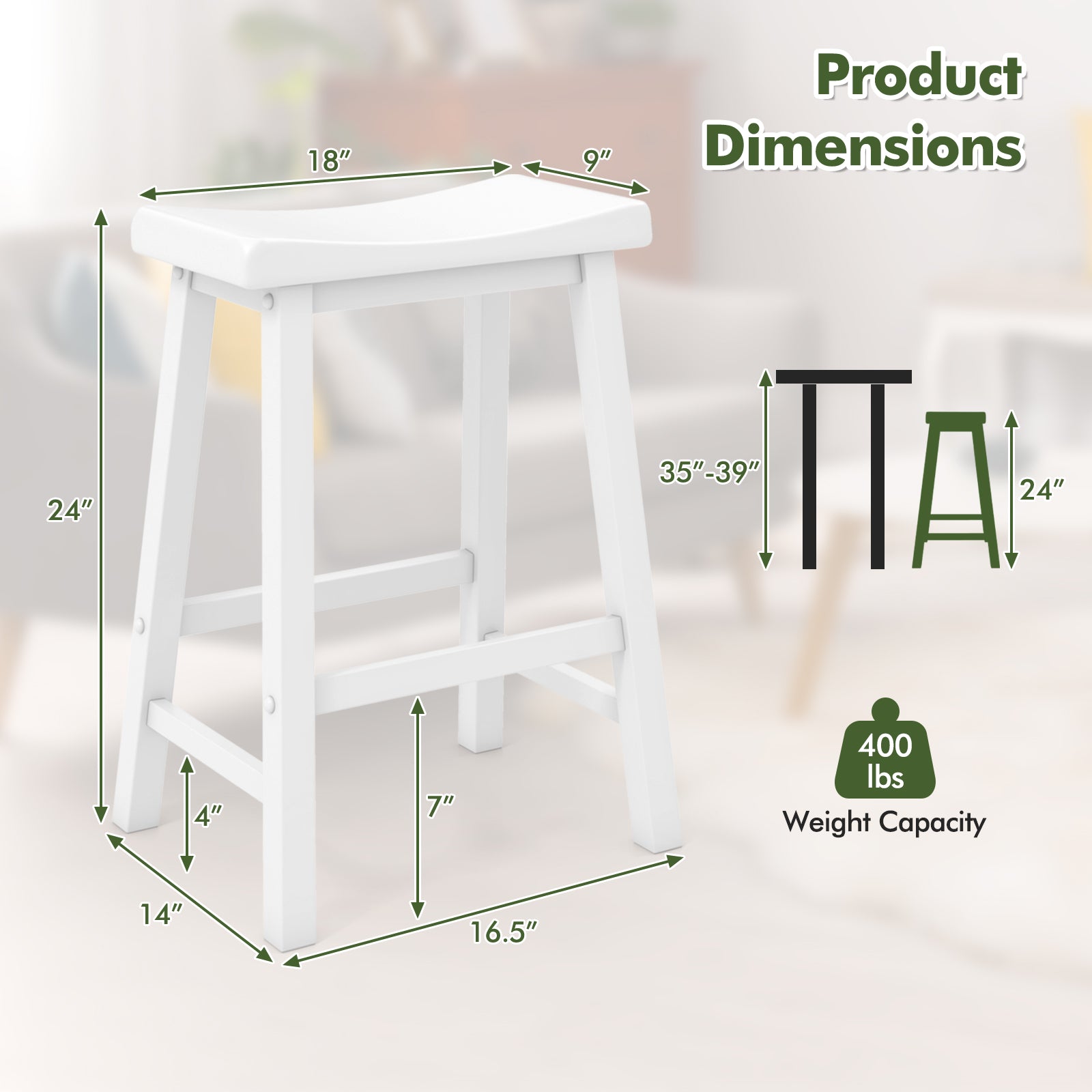 Set of 2 24 Inch Counter Height Stools with Solid Wood Legs-White
