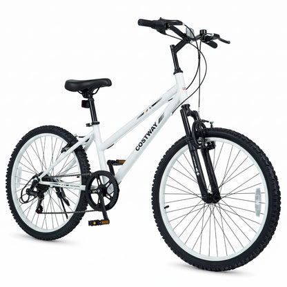 24 Inch Kids Mountain Bike Adjustable with 7 Speed and Suspension Fork-White