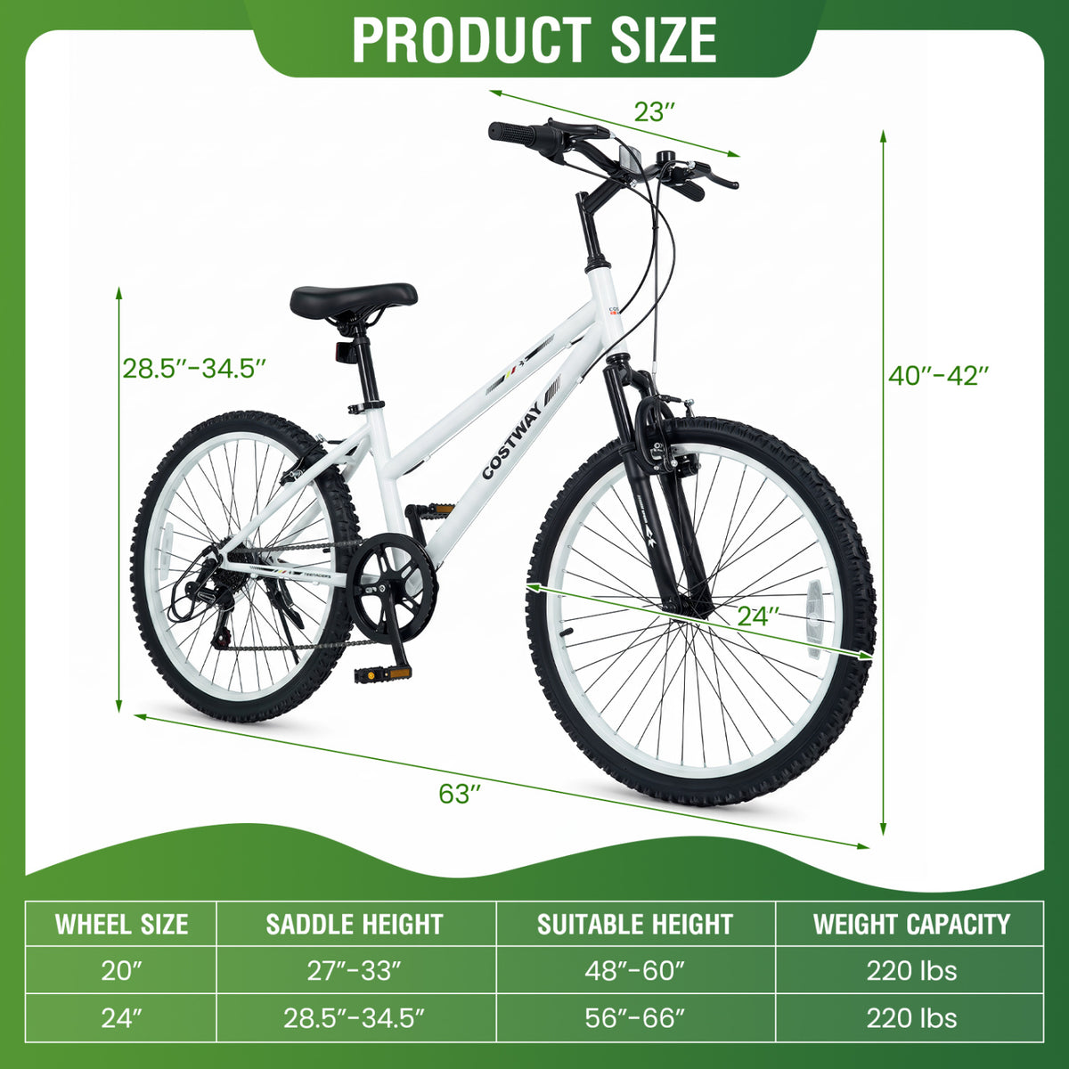 24 Inch Kids Mountain Bike Adjustable with 7 Speed and Suspension Fork-White