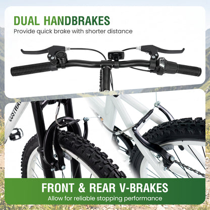 24 Inch Kids Mountain Bike Adjustable with 7 Speed and Suspension Fork-White