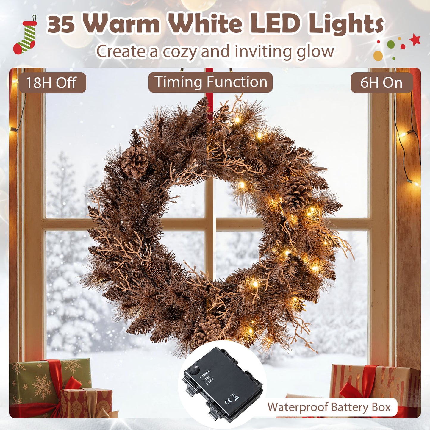 24 Inch Pre-lit Christmas Wreath with 105 Branch Tips and 35 Warm White LED Lights-1 piece