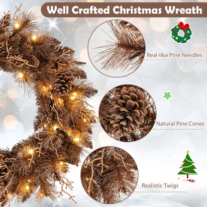 24 Inch Pre-lit Christmas Wreath with 105 Branch Tips and 35 Warm White LED Lights-2 pieces