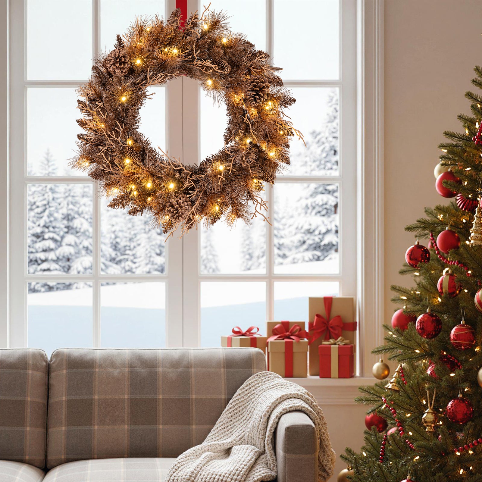 24 Inch Pre-lit Christmas Wreath with 105 Branch Tips and 35 Warm White LED Lights-2 pieces