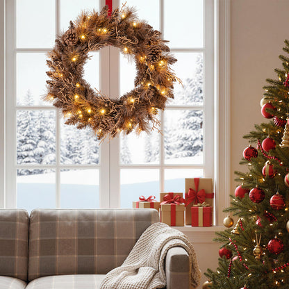 24 Inch Pre-lit Christmas Wreath with 105 Branch Tips and 35 Warm White LED Lights-2 pieces