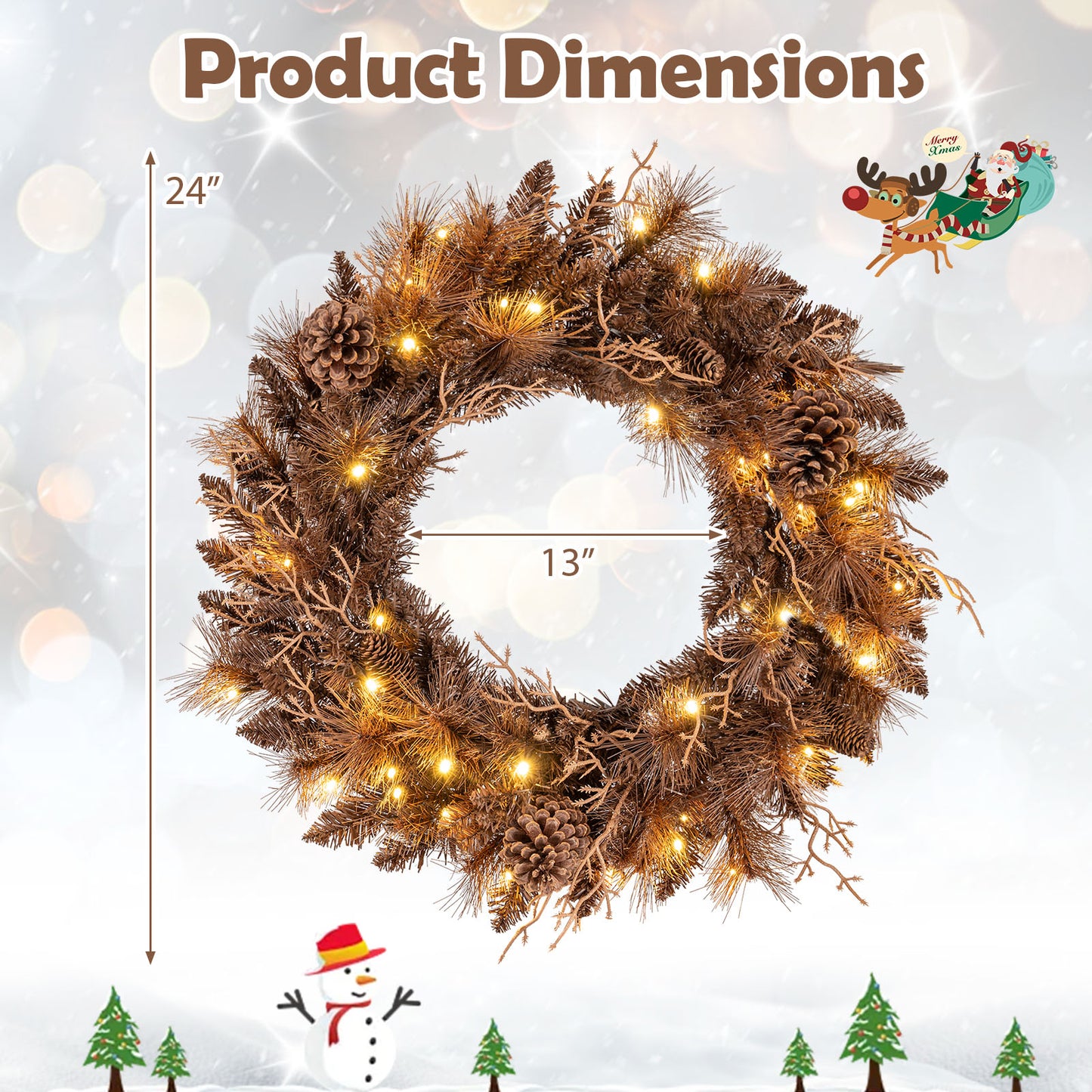 24 Inch Pre-lit Christmas Wreath with 105 Branch Tips and 35 Warm White LED Lights-2 pieces