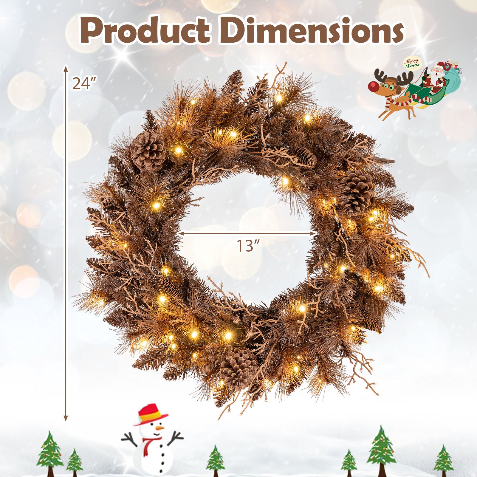 24 Inch Pre-lit Christmas Wreath with 105 Branch Tips and 35 Warm White LED Lights-2 pieces