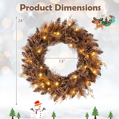 24 Inch Pre-lit Christmas Wreath with 105 Branch Tips and 35 Warm White LED Lights-2 pieces