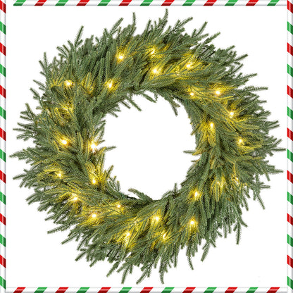 24 Inch Pre-lit Christmas Wreath with 108 Branch Tips and 35 Warm White LED Lights for Wall Window-1 piece