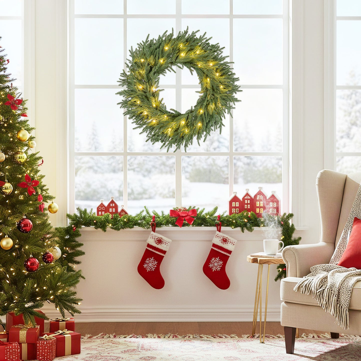 24 Inch Pre-lit Christmas Wreath with 108 Branch Tips and 35 Warm White LED Lights for Wall Window-1 piece