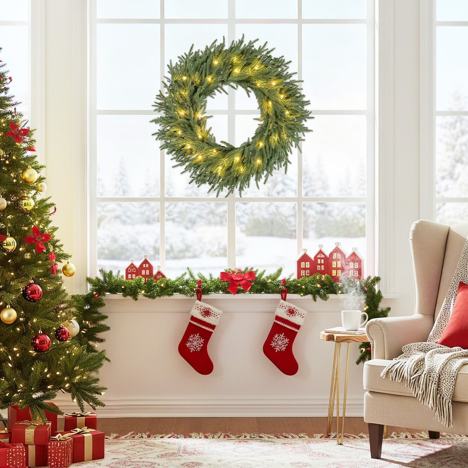 24 Inch Pre-lit Christmas Wreath with 108 Branch Tips and 35 Warm White LED Lights for Wall Window-1 piece