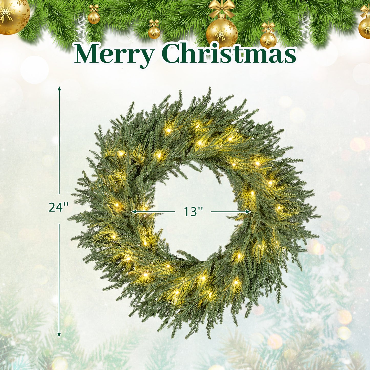 24 Inch Pre-lit Christmas Wreath with 108 Branch Tips and 35 Warm White LED Lights for Wall Window-1 piece