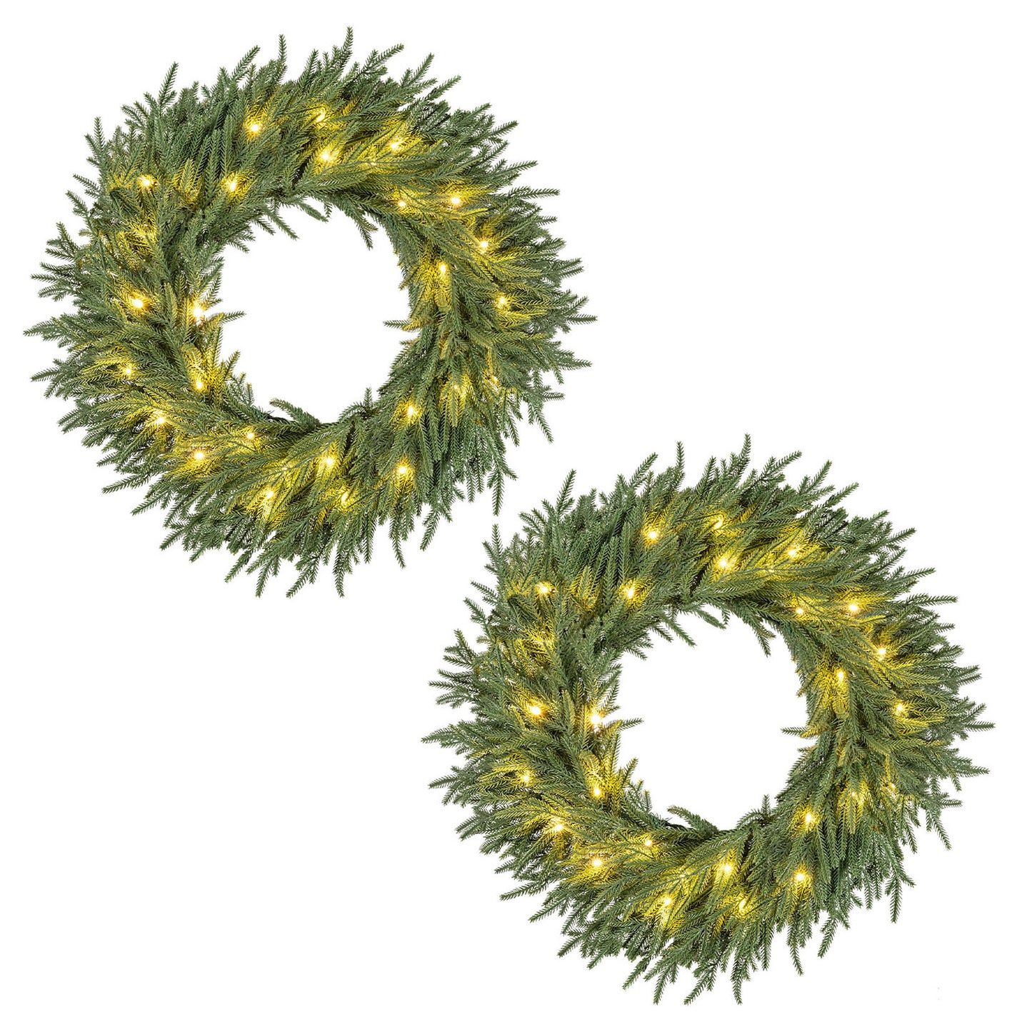 24 Inch Pre-lit Christmas Wreath with 108 Branch Tips and 35 Warm White LED Lights for Wall Window-2 piece