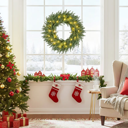 24 Inch Pre-lit Christmas Wreath with 108 Branch Tips and 35 Warm White LED Lights for Wall Window-2 piece