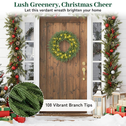 24 Inch Pre-lit Christmas Wreath with 108 Branch Tips and 35 Warm White LED Lights for Wall Window-2 piece