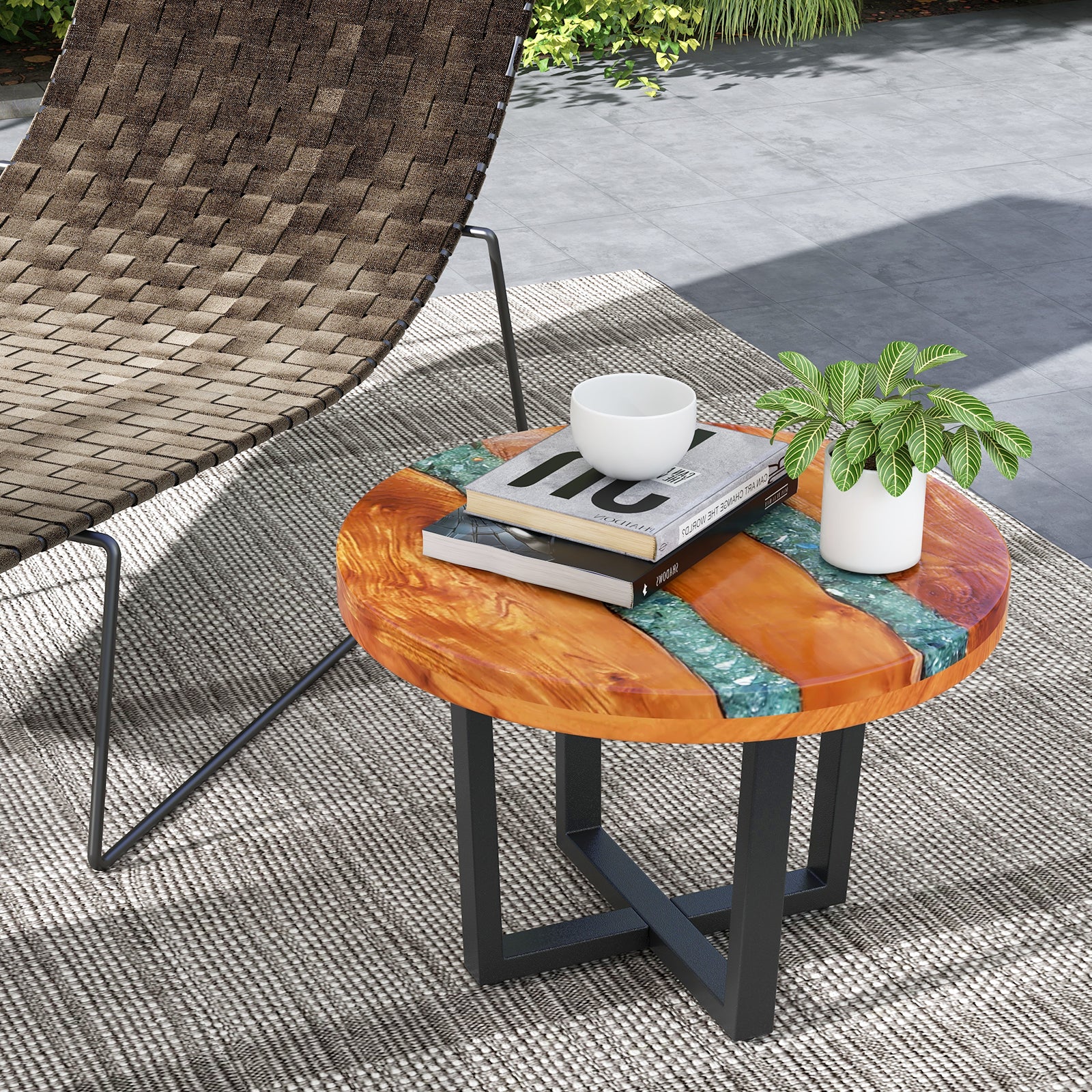 24 Inch Outdoor Solid Live Edge Round Teak Wood End Table with Epoxy Resin Tabletop