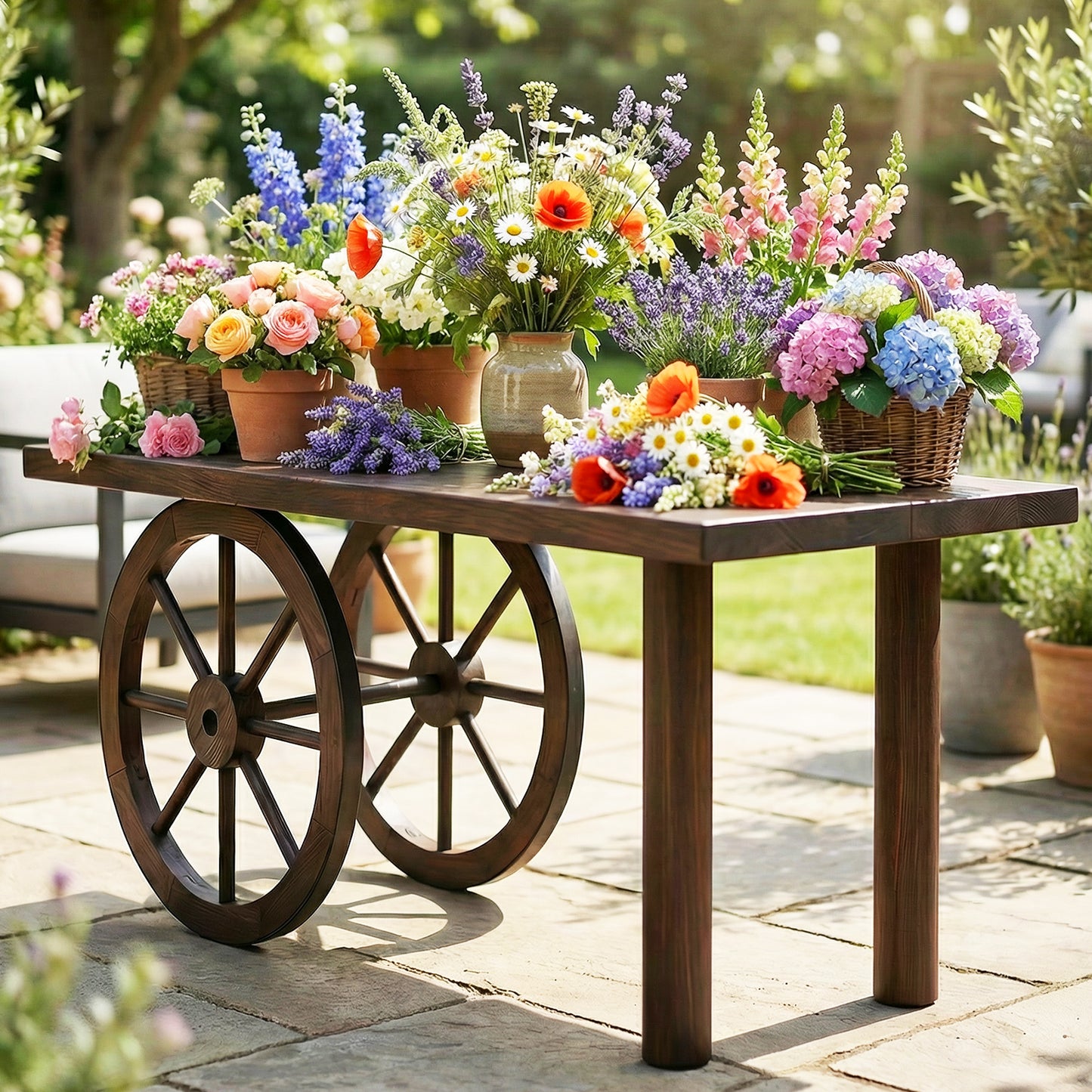 24 Inch Set of 2 Decorative Wooden Wagon Wheel Carbonized Solid Fir Wood