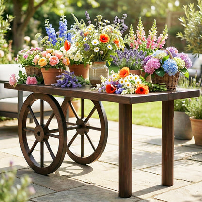 24 Inch Set of 2 Decorative Wooden Wagon Wheel Carbonized Solid Fir Wood
