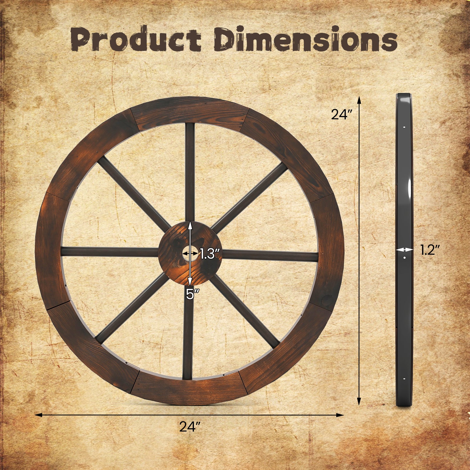 24 Inch Set of 2 Decorative Wooden Wagon Wheel Carbonized Solid Fir Wood