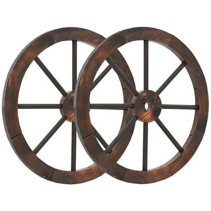 24 Inch Set of 2 Decorative Wooden Wagon Wheel Carbonized Solid Fir Wood