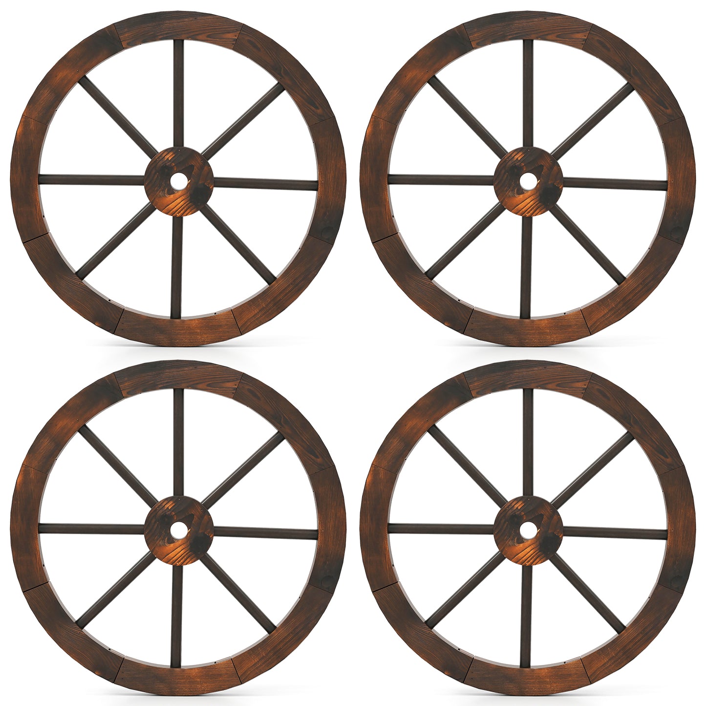 24 Inch Set of 4 Decorative Wooden Wagon Wheel Carbonized Solid Fir Wood