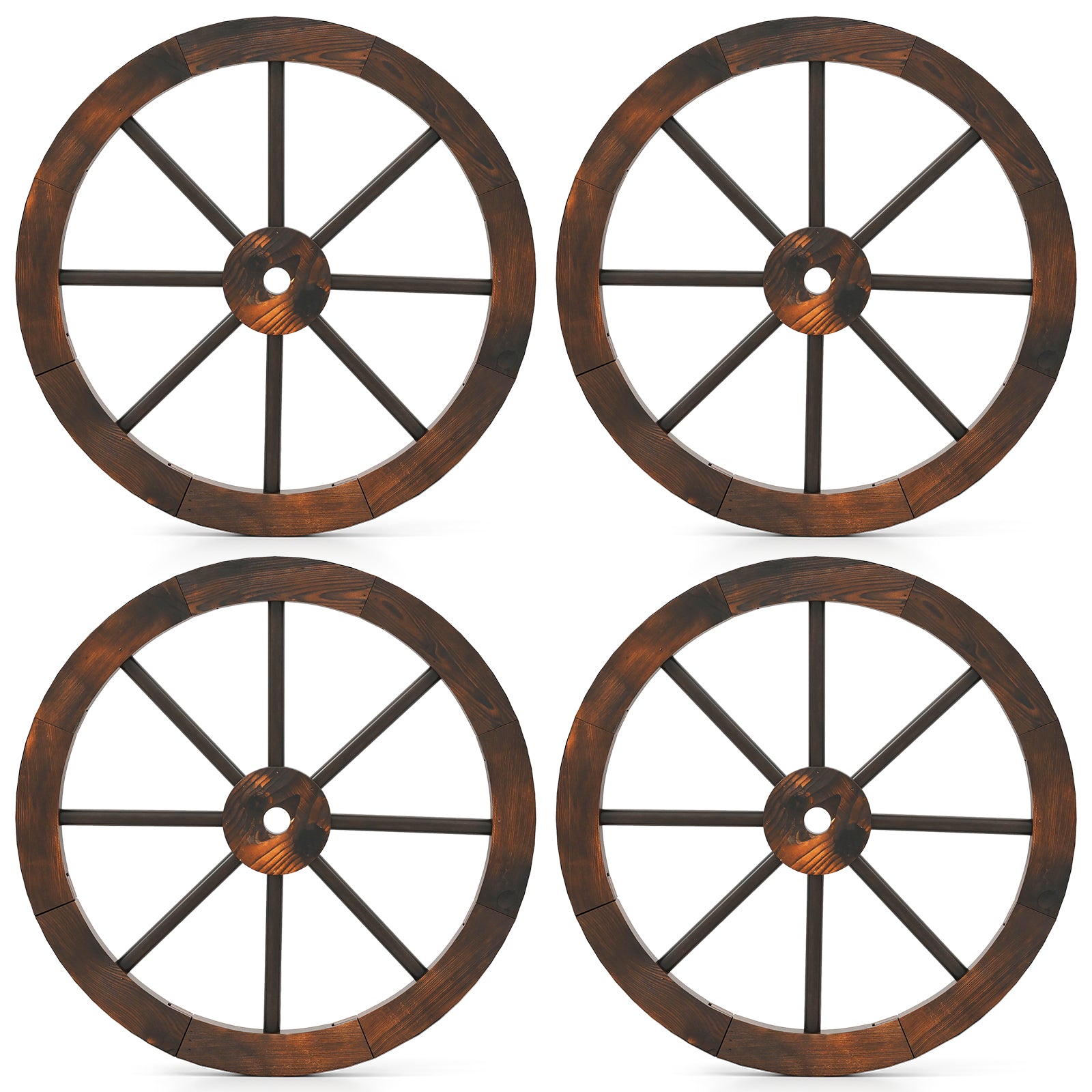24 Inch Set of 4 Decorative Wooden Wagon Wheel Carbonized Solid Fir Wood