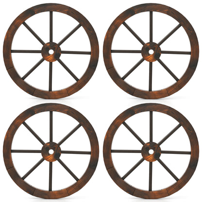 24 Inch Set of 4 Decorative Wooden Wagon Wheel Carbonized Solid Fir Wood