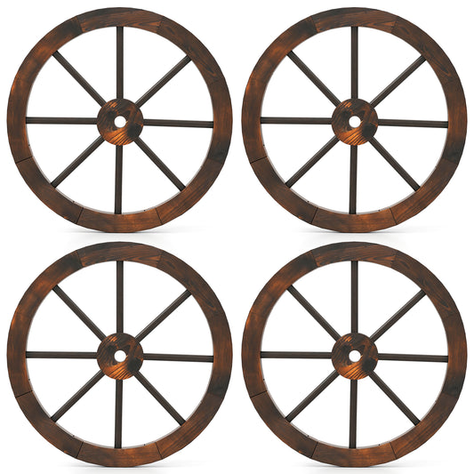 24 Inch Set of 4 Decorative Wooden Wagon Wheel Carbonized Solid Fir Wood