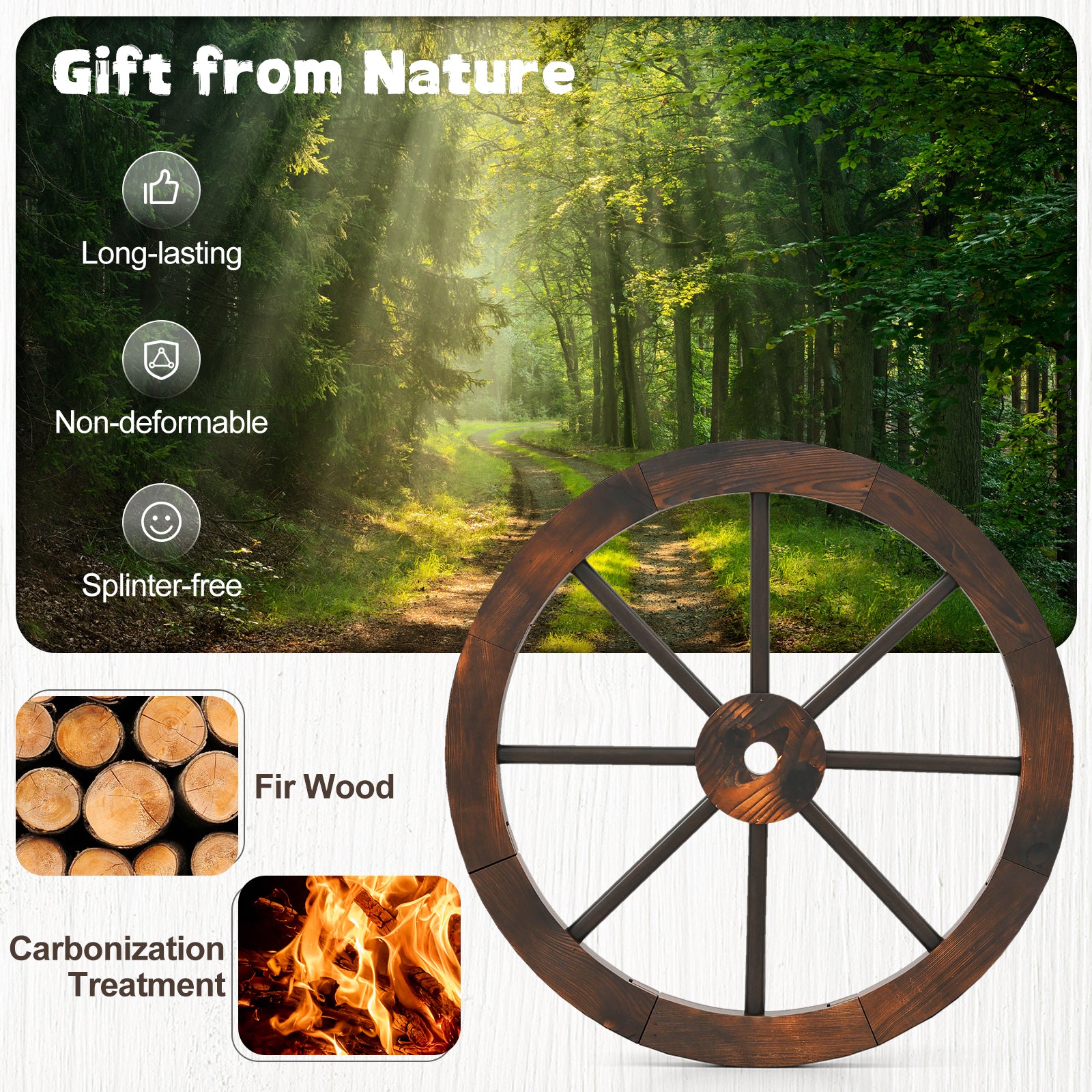 24 Inch Set of 4 Decorative Wooden Wagon Wheel Carbonized Solid Fir Wood