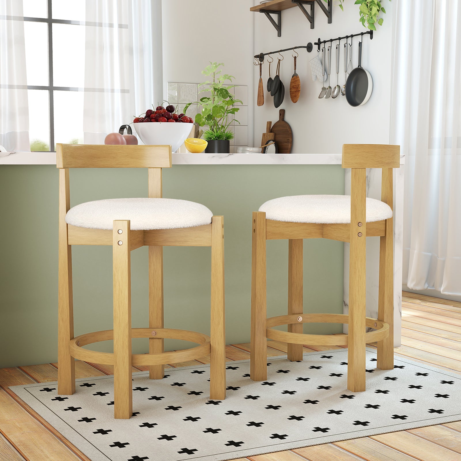 24 Inch Teddy Velvet Upholstered Counter Height Bar Stools with Backrests and Footrests-Set of 2