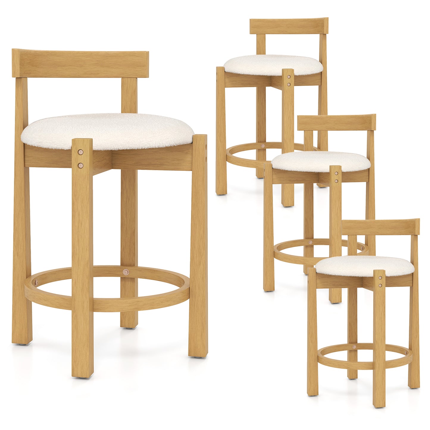 24 Inch Teddy Velvet Upholstered Counter Height Bar Stools with Backrests and Footrests-Set of 4