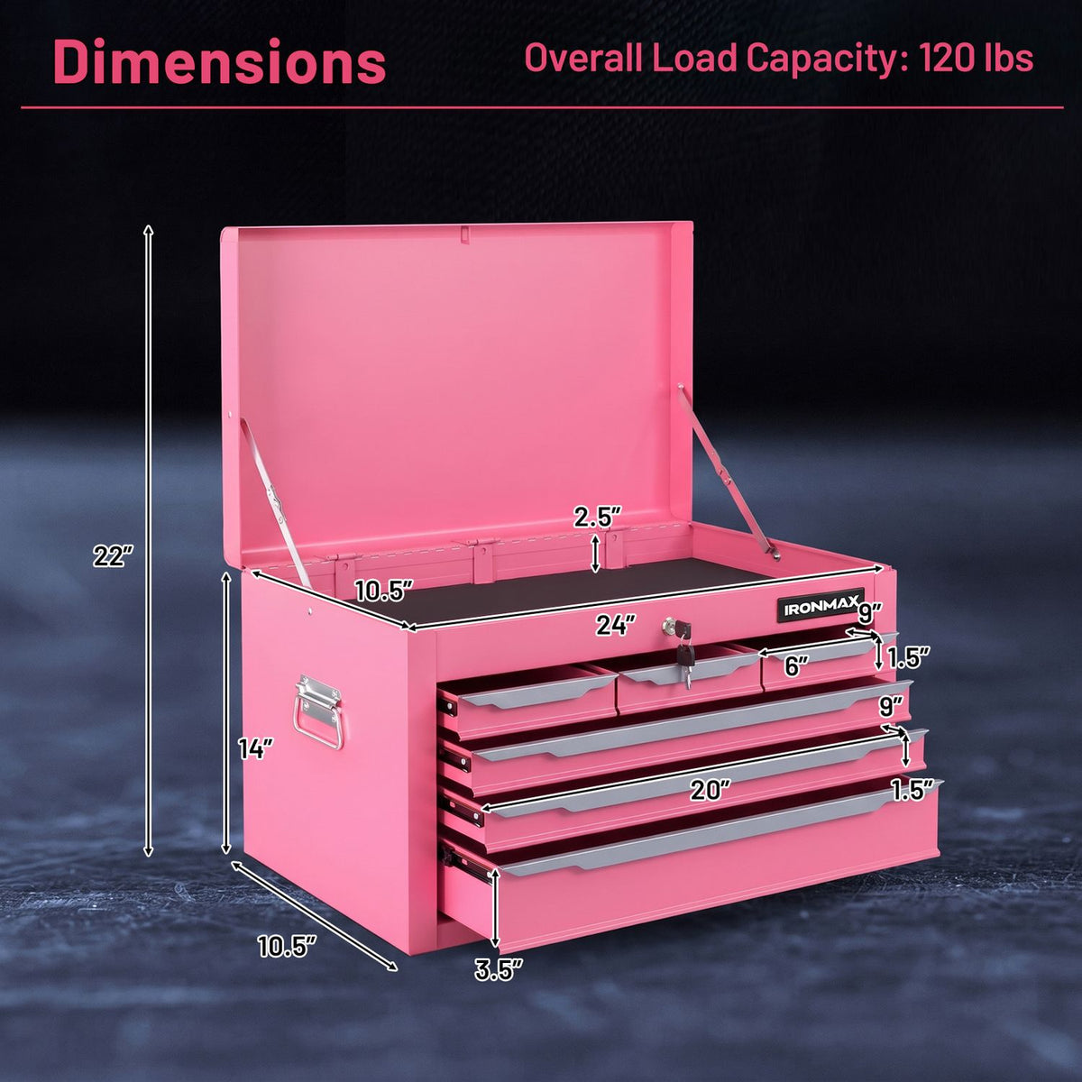 24 Inch Tool Chest Case with 6 Drawers and Top Storage for Garage Repair Shop & Warehouse-Pink