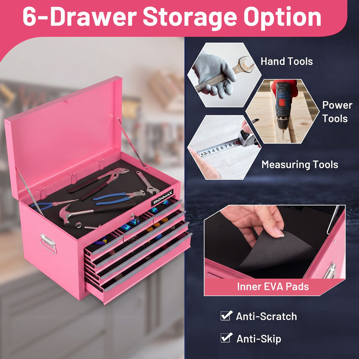 24 Inch Tool Chest Case with 6 Drawers and Top Storage for Garage Repair Shop & Warehouse-Pink