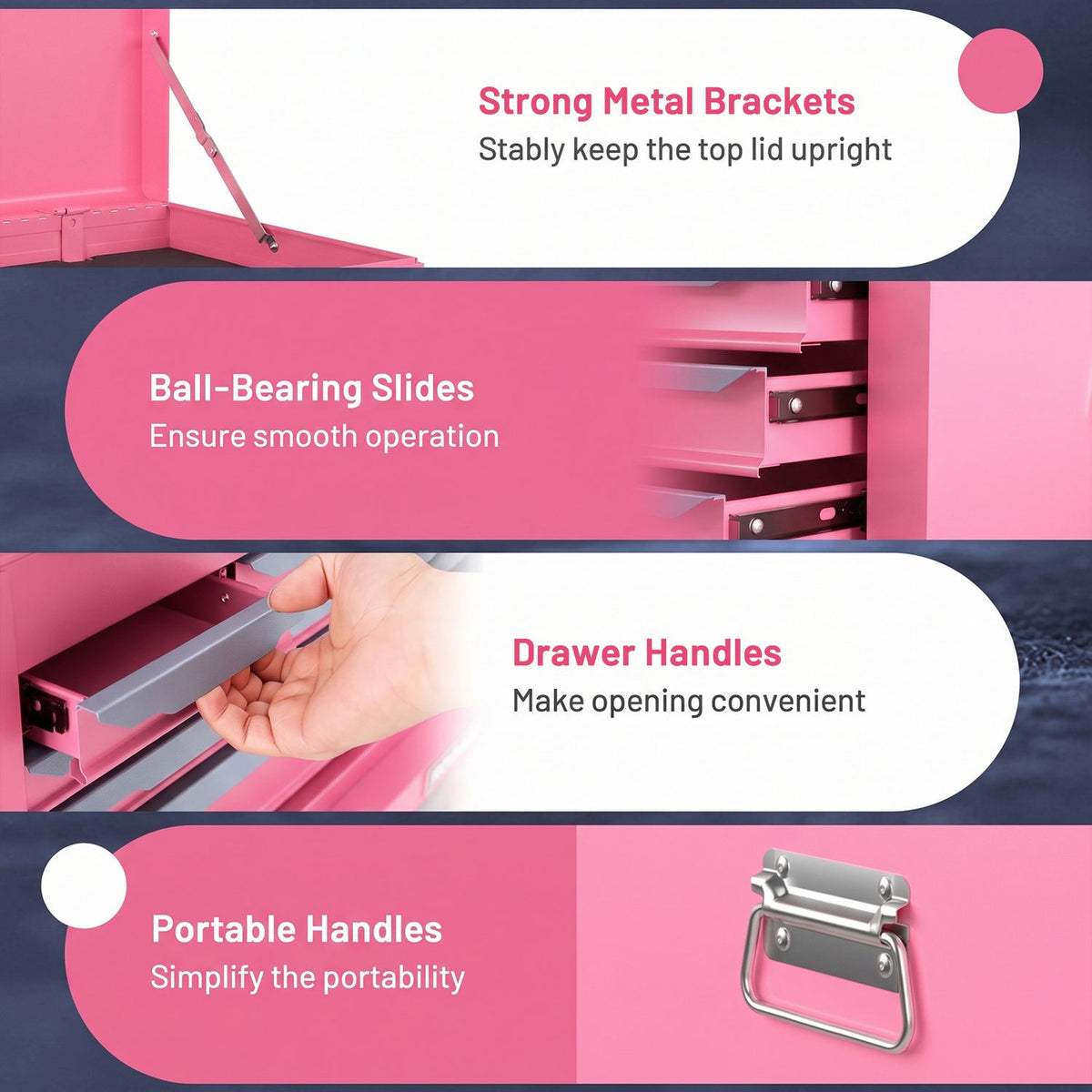 24 Inch Tool Chest Case with 6 Drawers and Top Storage for Garage Repair Shop & Warehouse-Pink
