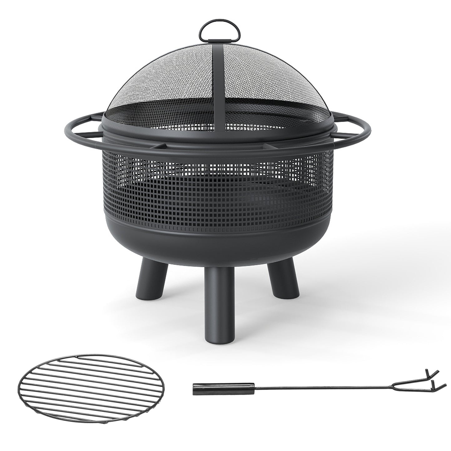 24 Inch Wood Burning Fire Pit with Log Grate and Mesh Screen for Outside