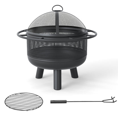 24 Inch Wood Burning Fire Pit with Log Grate and Mesh Screen for Outside