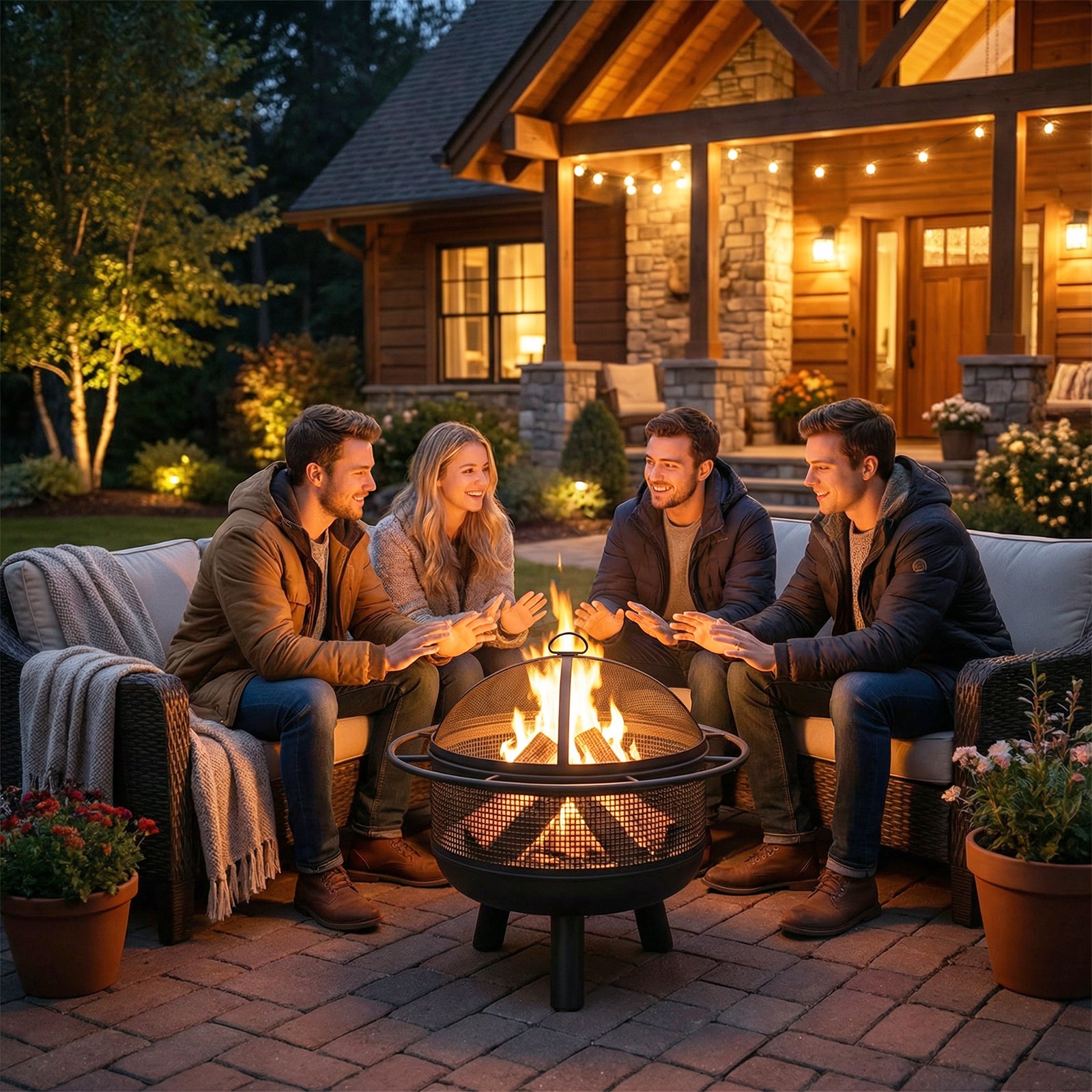 24 Inch Wood Burning Fire Pit with Log Grate and Mesh Screen for Outside