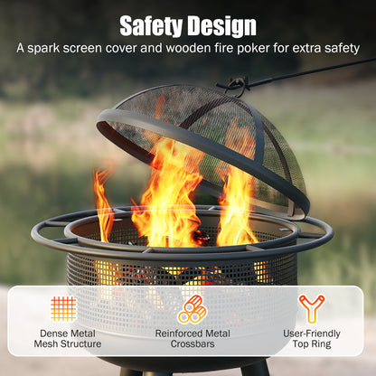 24 Inch Wood Burning Fire Pit with Log Grate and Mesh Screen for Outside