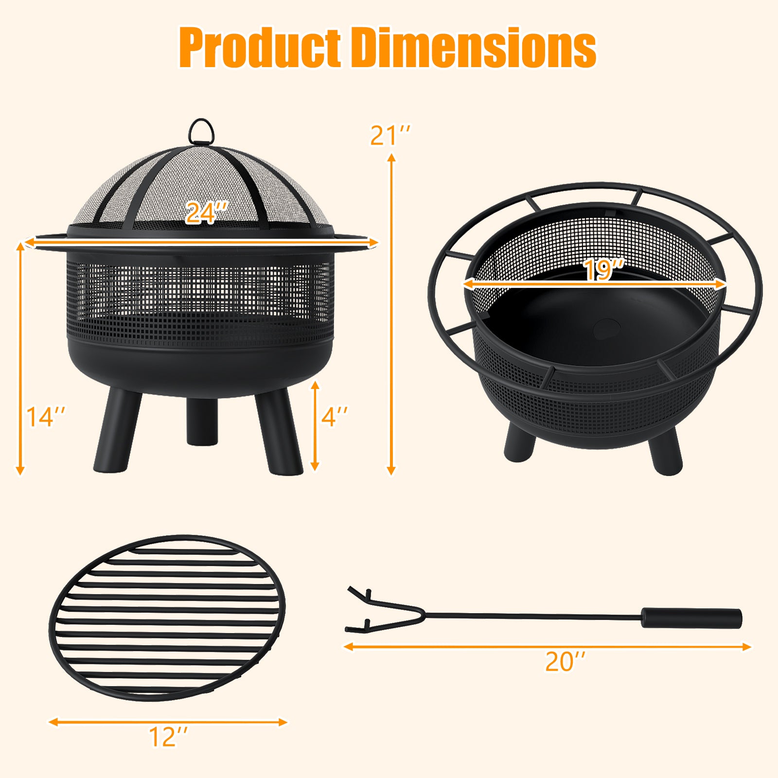 24 Inch Wood Burning Fire Pit with Log Grate and Mesh Screen for Outside