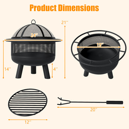 24 Inch Wood Burning Fire Pit with Log Grate and Mesh Screen for Outside