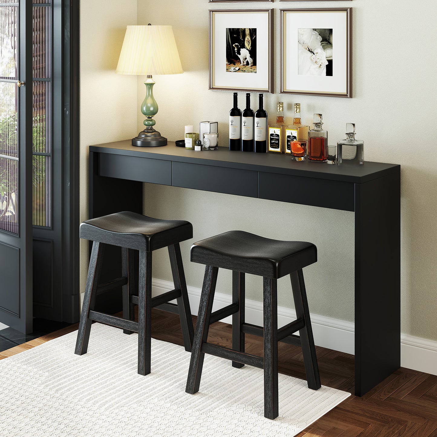 24 Inches Counter Height Stools Set of 2 with Footrest for Restaurant Cafe Pub-Black