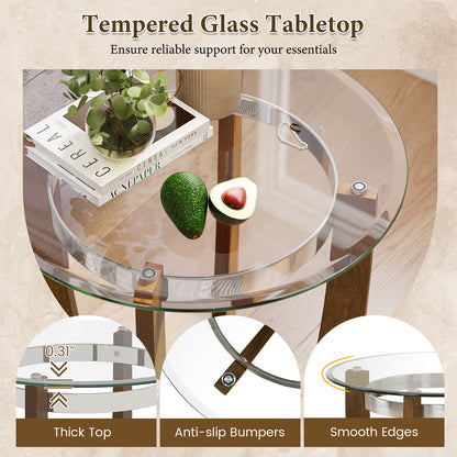 24 Inches Round Side Table with Tempered Glass Top and Solid Rubber Wood Base-Walnut