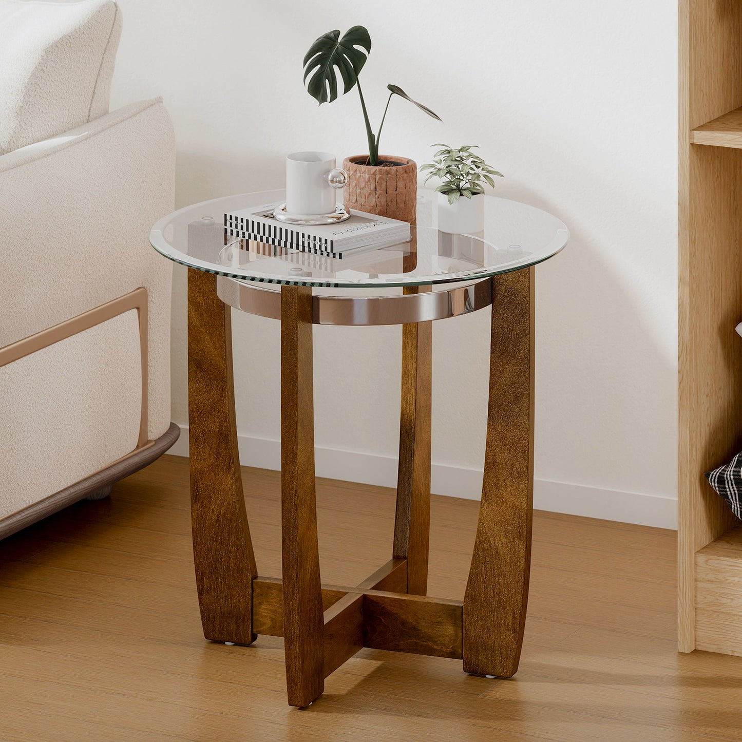 24 Inches Round Side Table with Tempered Glass Top and Solid Rubber Wood Base-Walnut