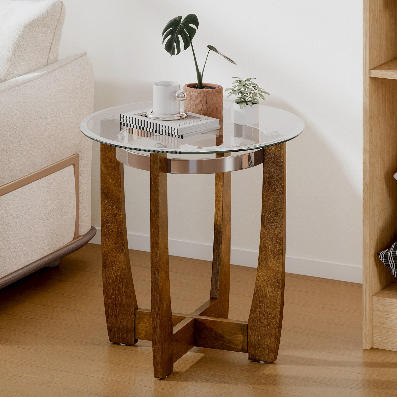 24 Inches Round Side Table with Tempered Glass Top and Solid Rubber Wood Base-Walnut