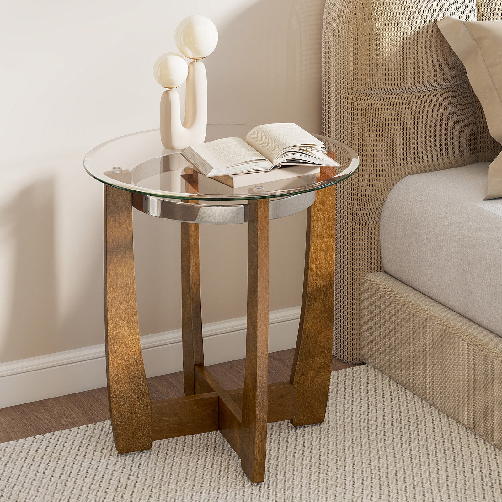24 Inches Round Side Table with Tempered Glass Top and Solid Rubber Wood Base-Walnut
