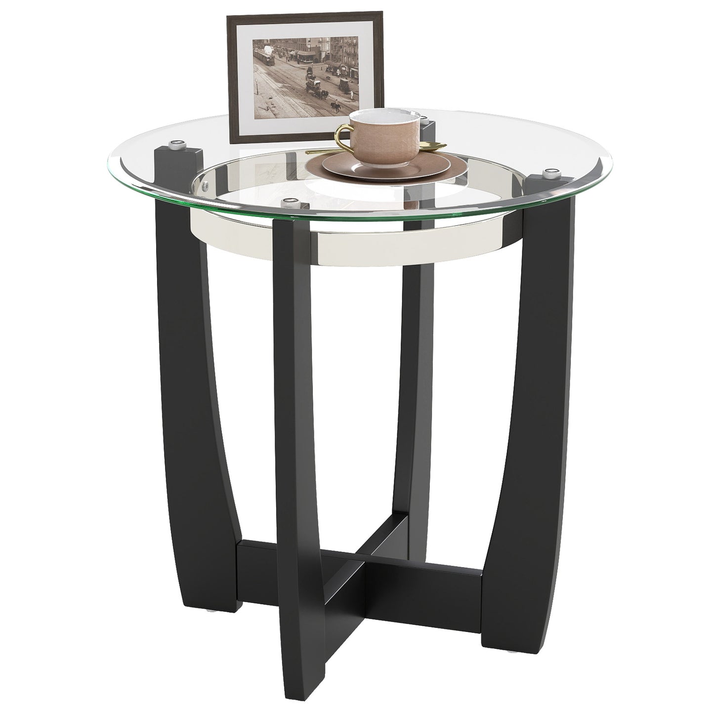 24 Inches Round Side Table with Tempered Glass Top and Solid Rubber Wood Base-Black
